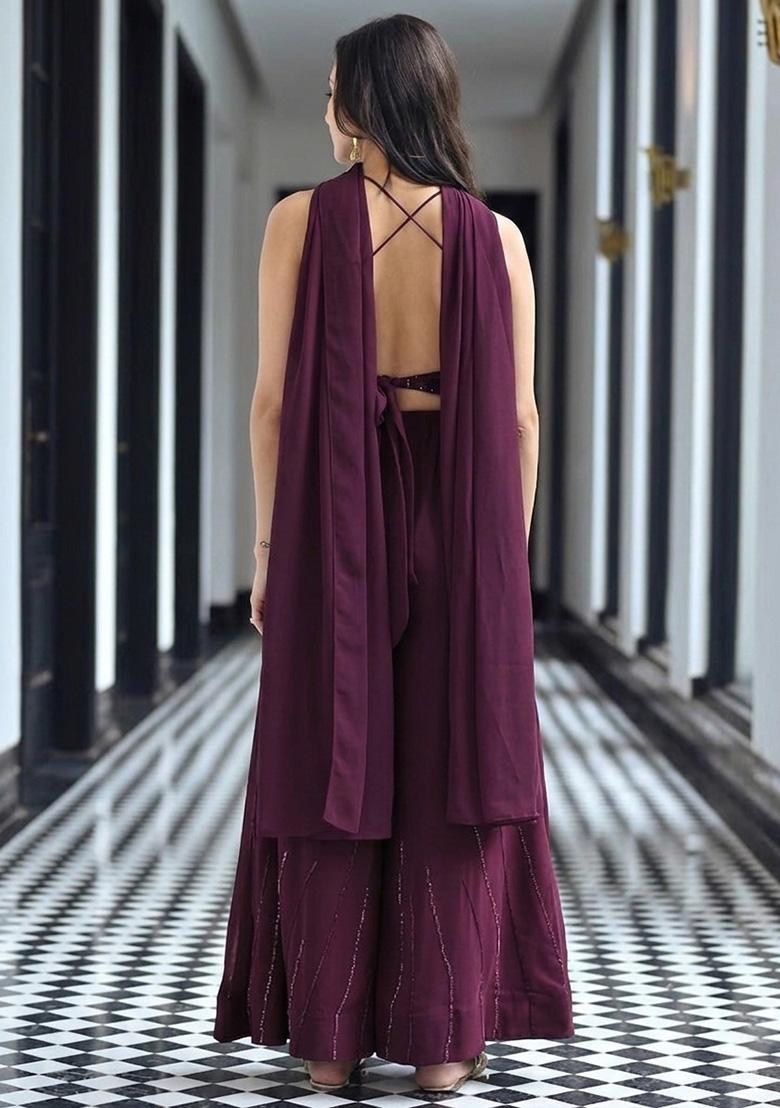 Deep Purple Handwork Goergette Fusion Set - Indya