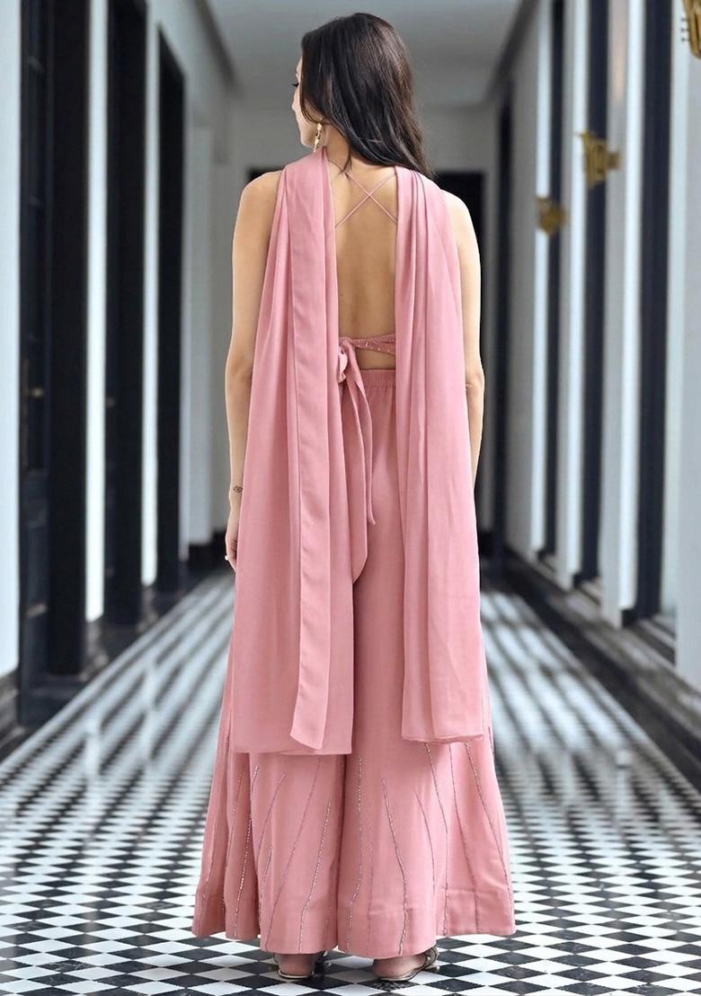 Dusty Pink Handwork Goergette Fusion Set - Indya