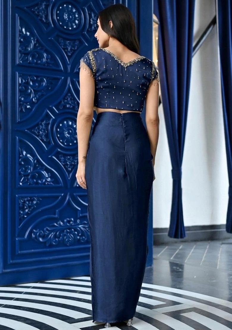 Navy Blue Handwork Satin Fusion Set - Indya