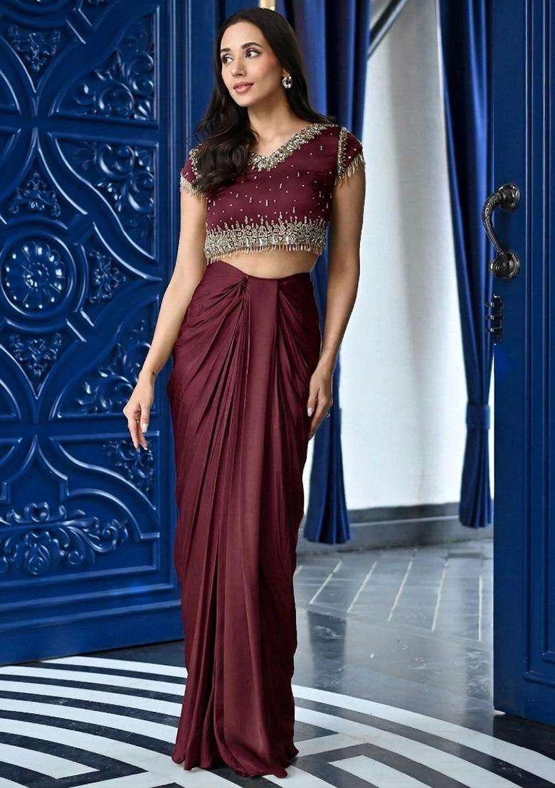 Wine Handwork Satin Fusion Set - Indya