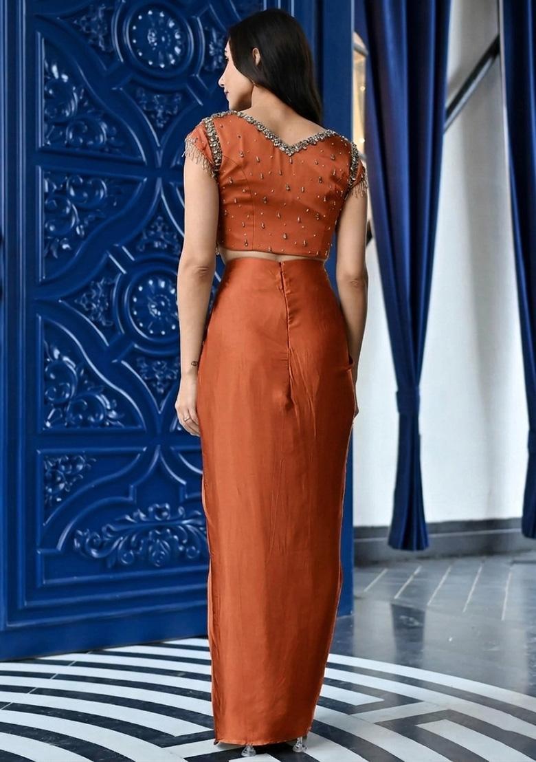Rust Handwork Satin Fusion Set - Indya