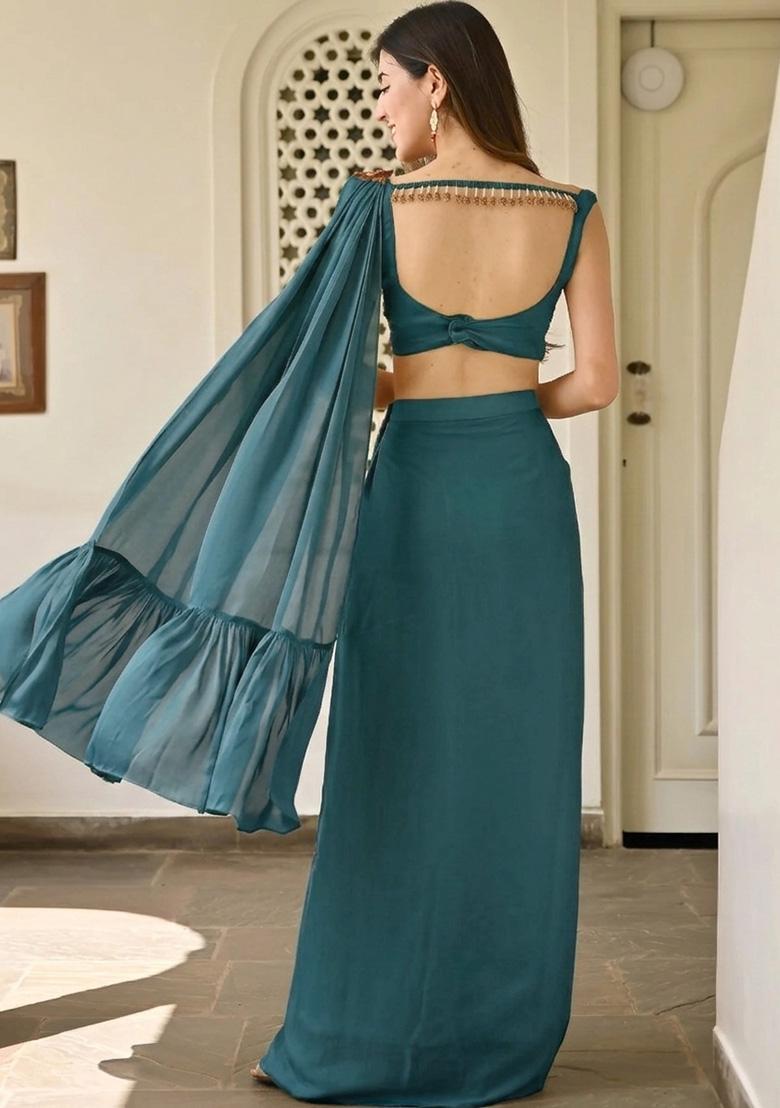 Teal Blue Handwork Satin Fusion Set - Indya