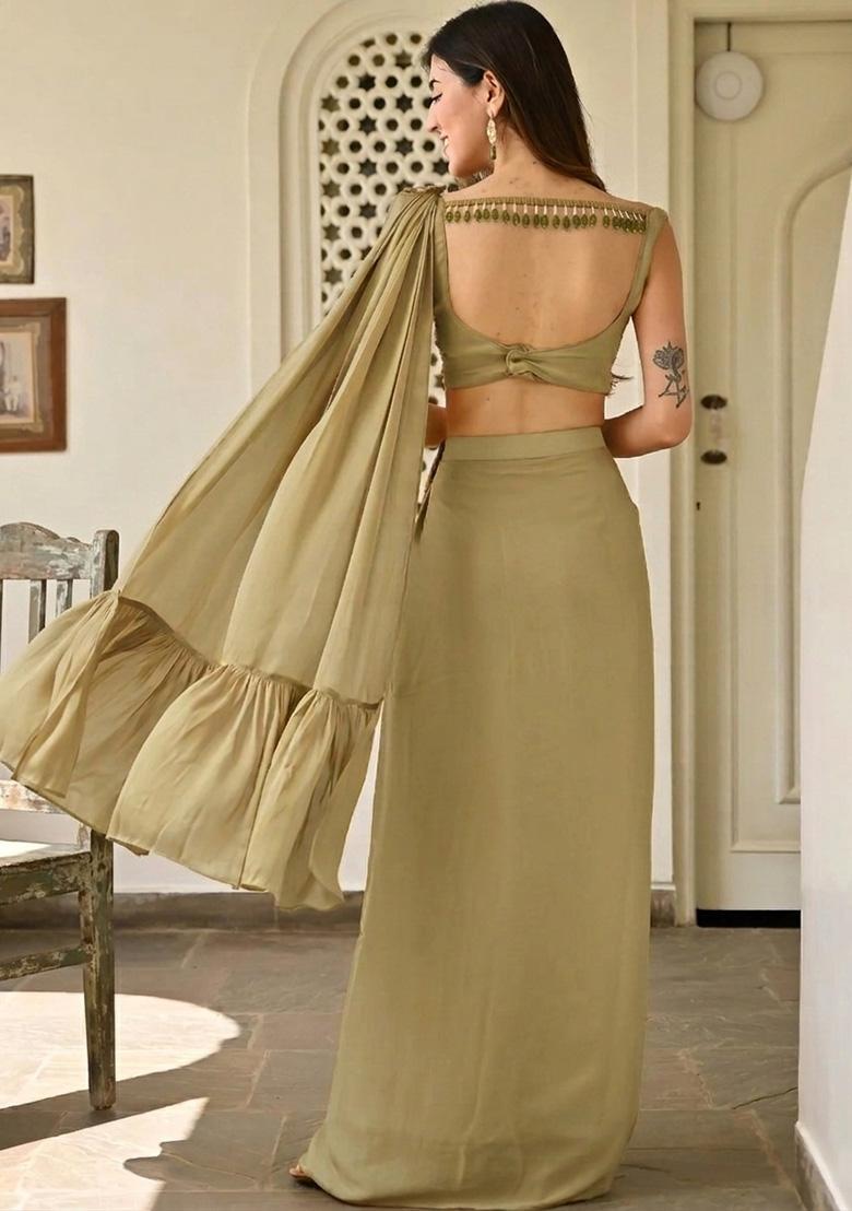 Olive Green Handwork Satin Fusion Set - Indya