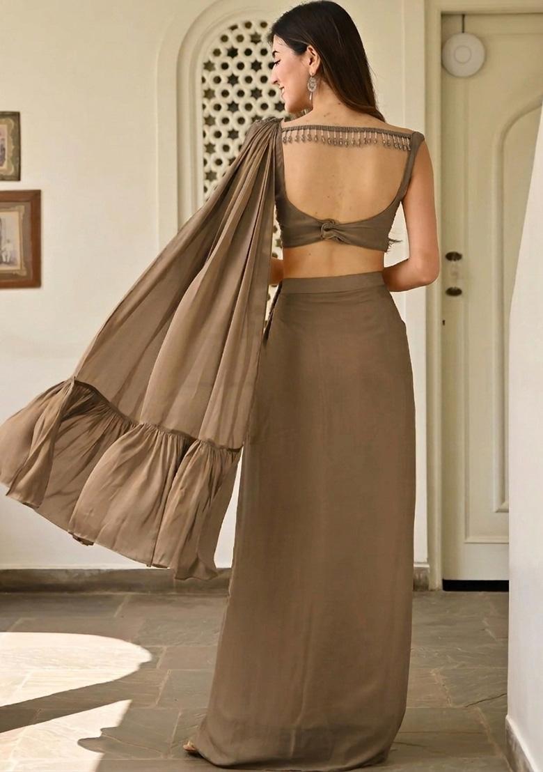 Brown Handwork Satin Fusion Set - Indya