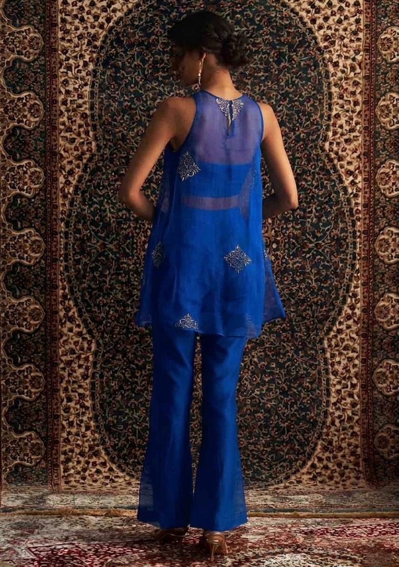 Royal Blue Handwork Organza Fusion Set - Indya