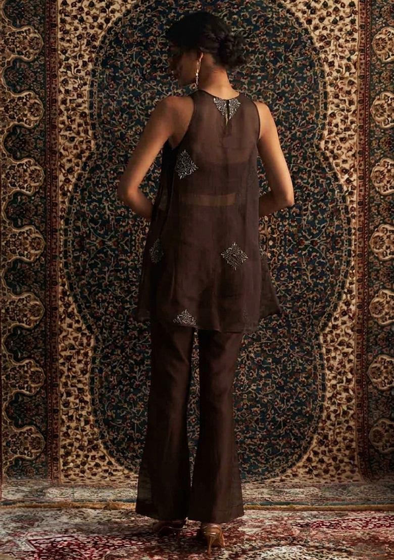 Brown Handwork Organza Fusion Set - Indya