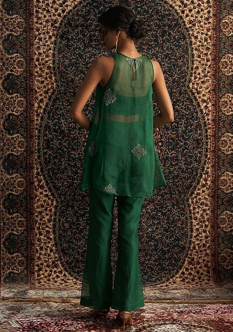 Emerald Green Handwork Organza Fusion Set - Indya