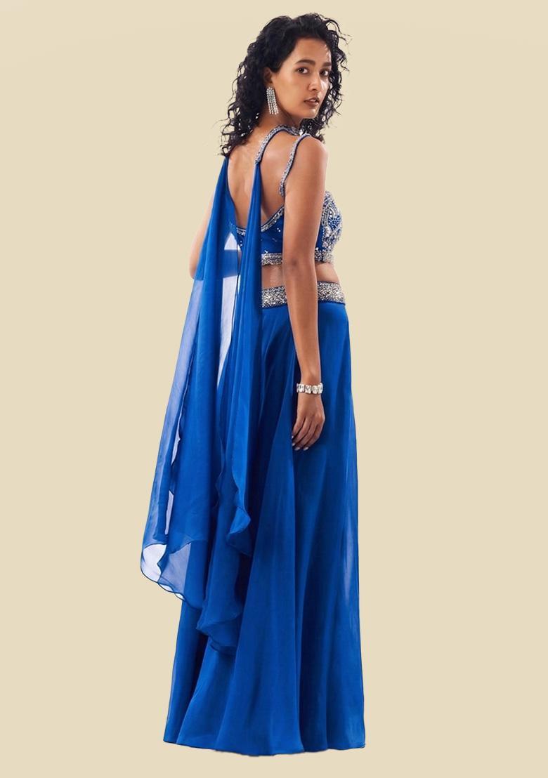 Royal Blue Handwork Organza Fusion Set - Indya