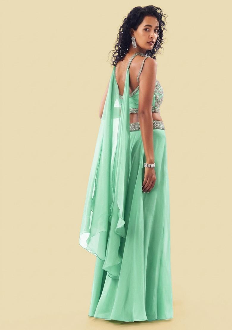 Mint Green Handwork Organza Fusion Set - Indya