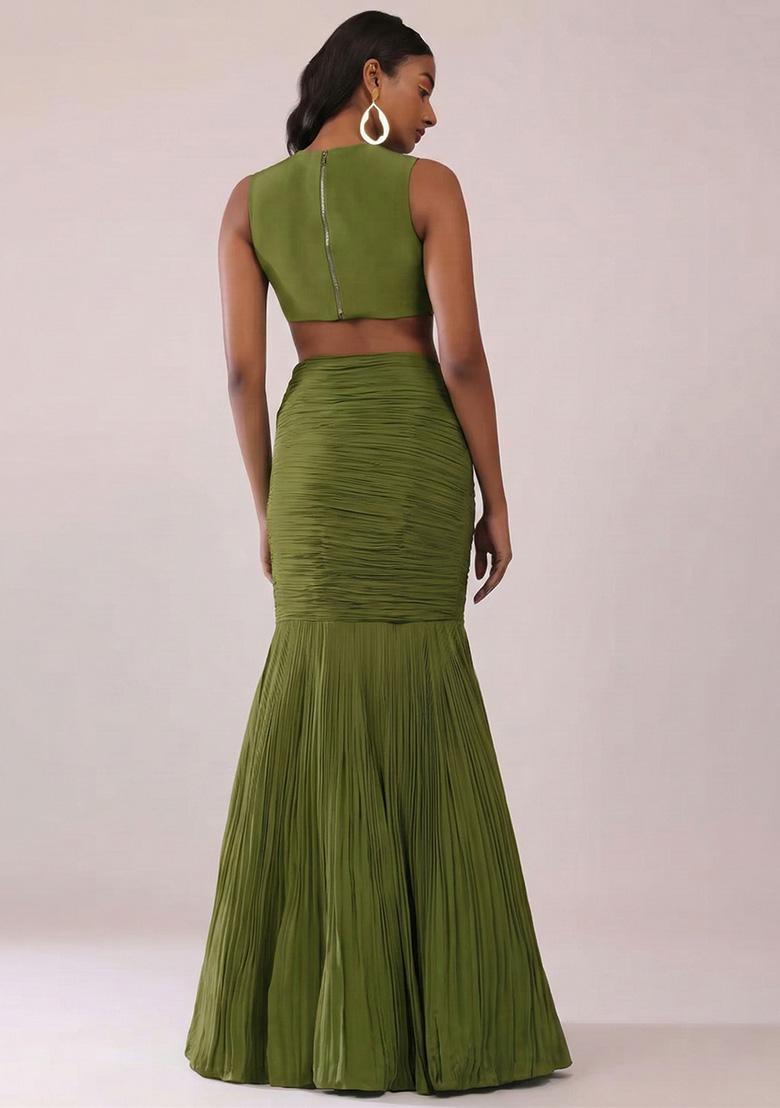 Olive Green Handwork Crepe Fusion Set - Indya