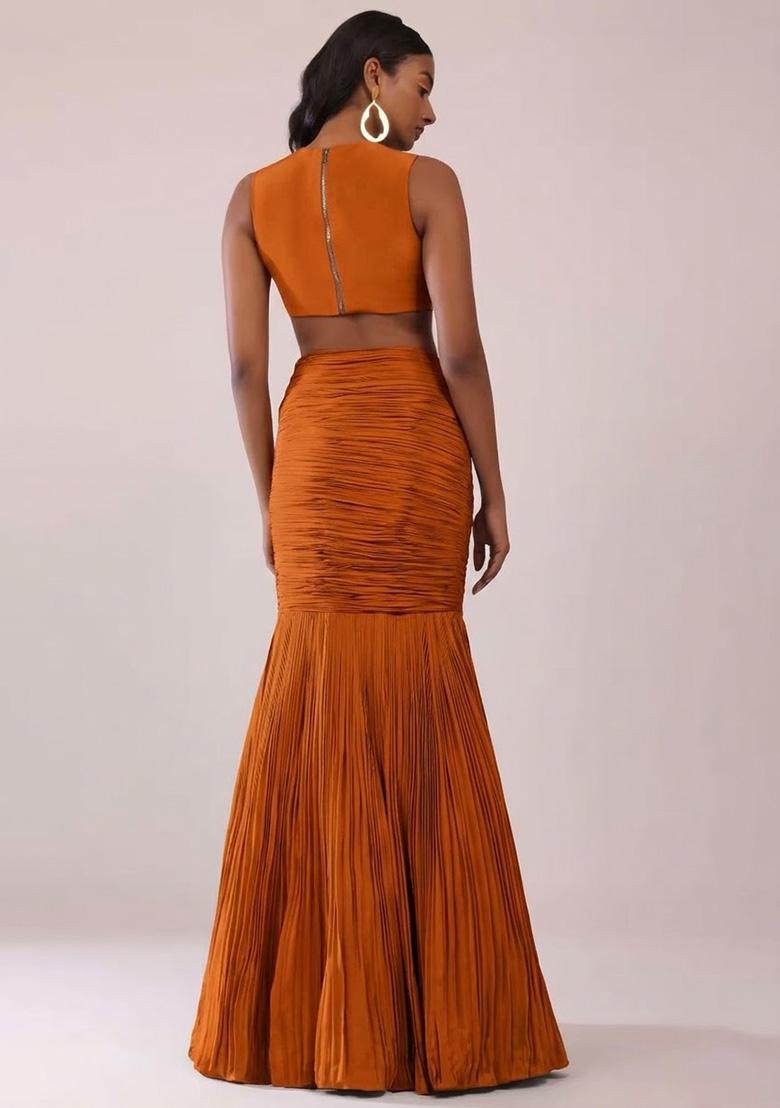Rust Handwork Crepe Fusion Set - Indya