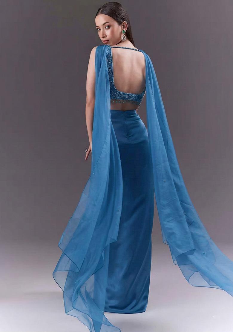 Blue Handwork Satin Fusion Set - Indya