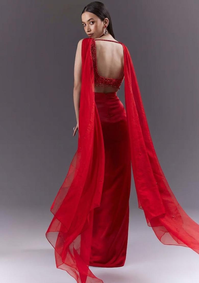 Red Handwork Satin Fusion Set - Indya