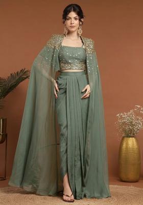 Deep Sage Green Handwork Silk Blend Fusion Set