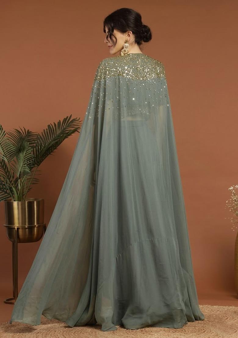 Deep Sage Green Handwork Silk Blend Fusion Set - Indya