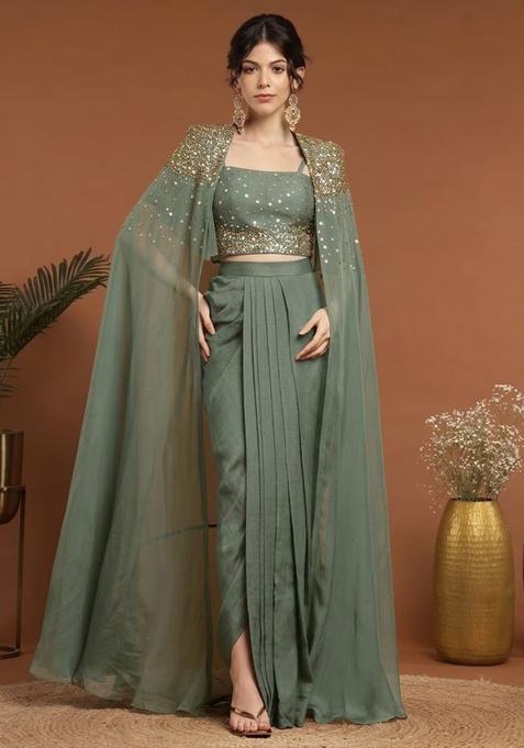 Deep Sage Green Handwork Silk Blend Fusion Set