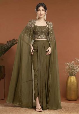 Olive Green Handwork Silk Blend Fusion Set