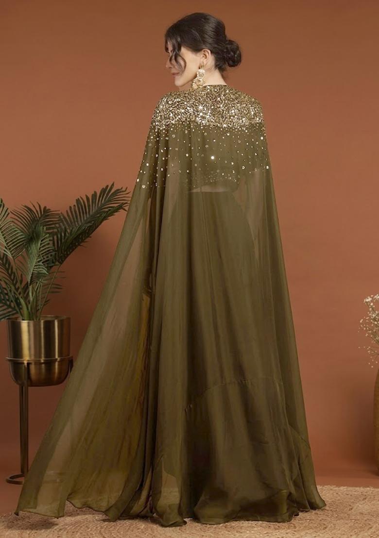 Olive Green Handwork Silk Blend Fusion Set - Indya
