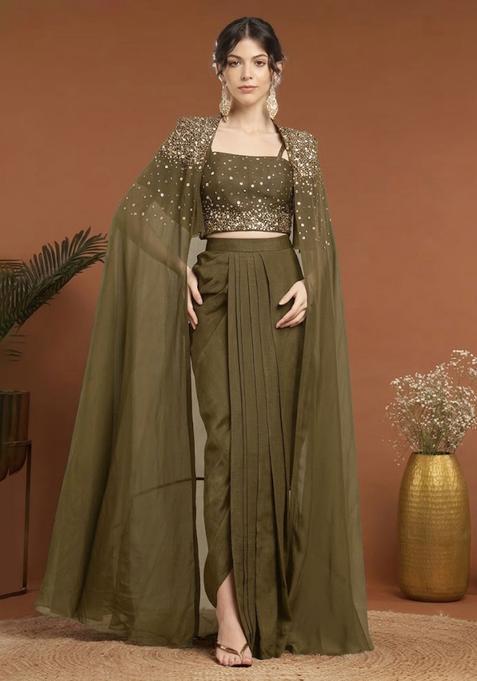 Olive Green Handwork Silk Blend Fusion Set