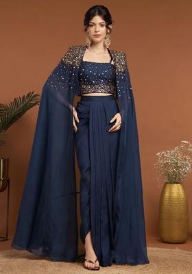Navy Blue Handwork Silk Blend Fusion Set