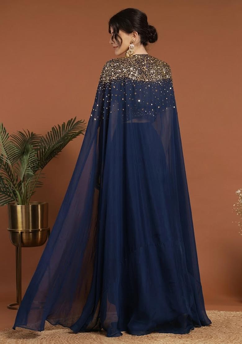 Navy Blue Handwork Silk Blend Fusion Set - Indya