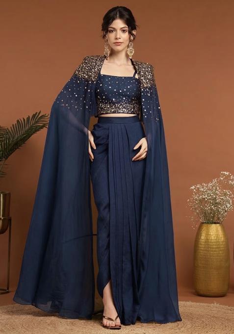 Navy Blue Handwork Silk Blend Fusion Set