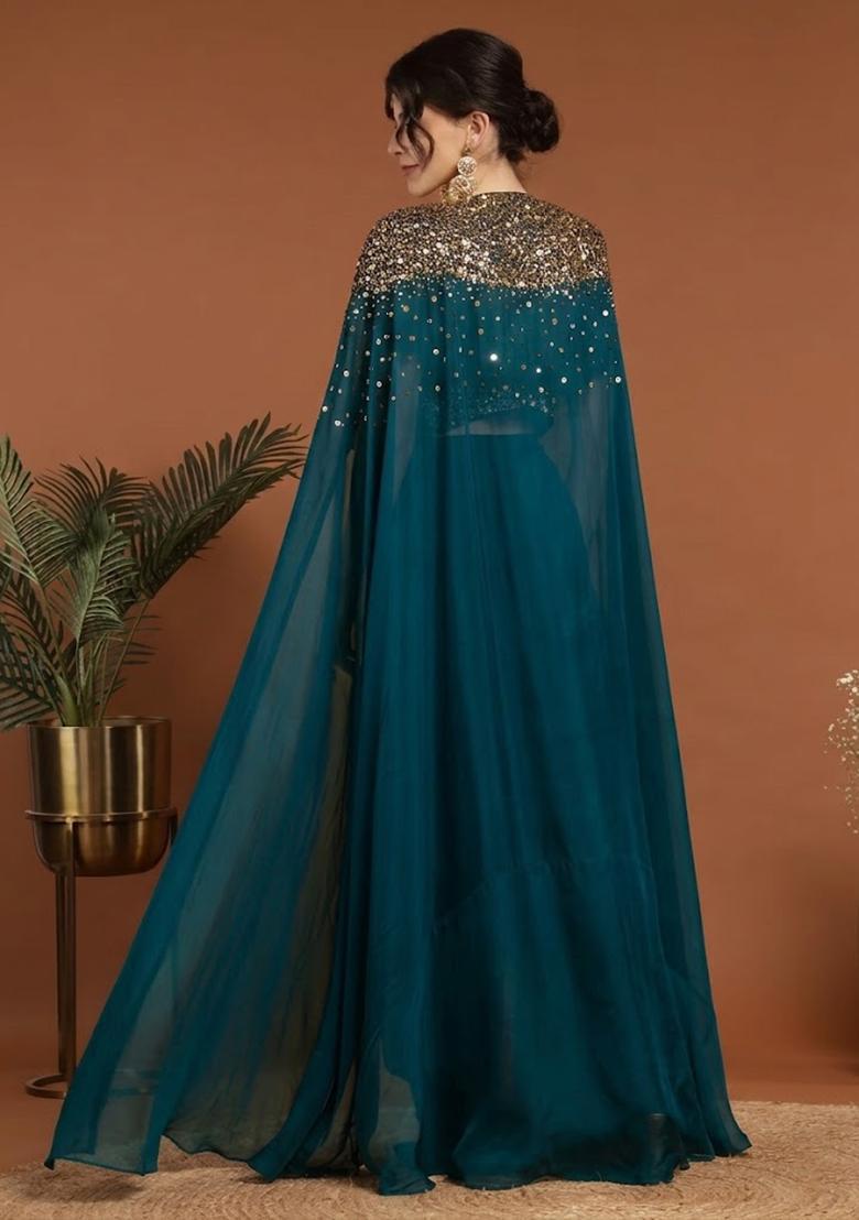 Deep Teal Blue Handwork Silk Blend Fusion Set - Indya