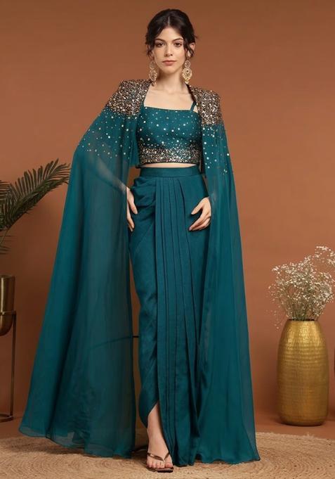 Deep Teal Blue Handwork Silk Blend Fusion Set