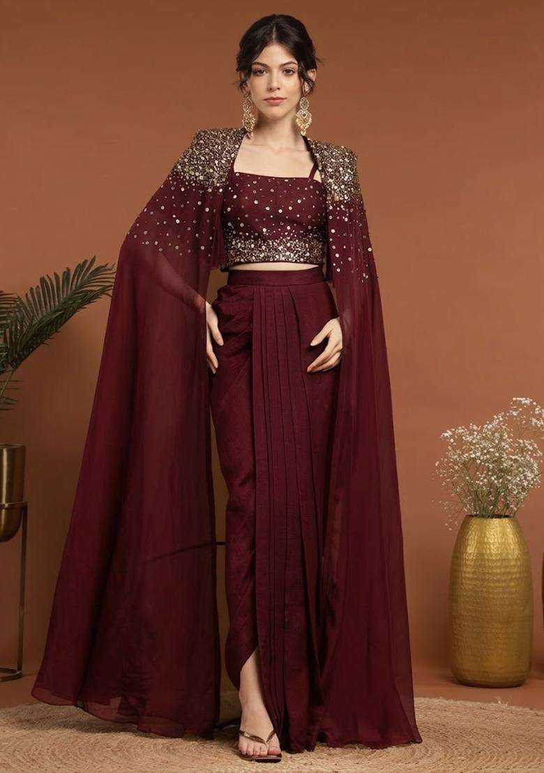 Deep Wine Handwork Silk Blend Fusion Set - Indya