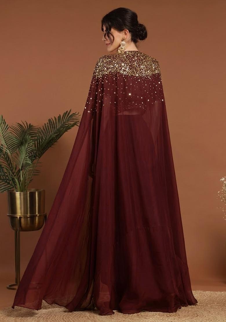 Deep Wine Handwork Silk Blend Fusion Set - Indya
