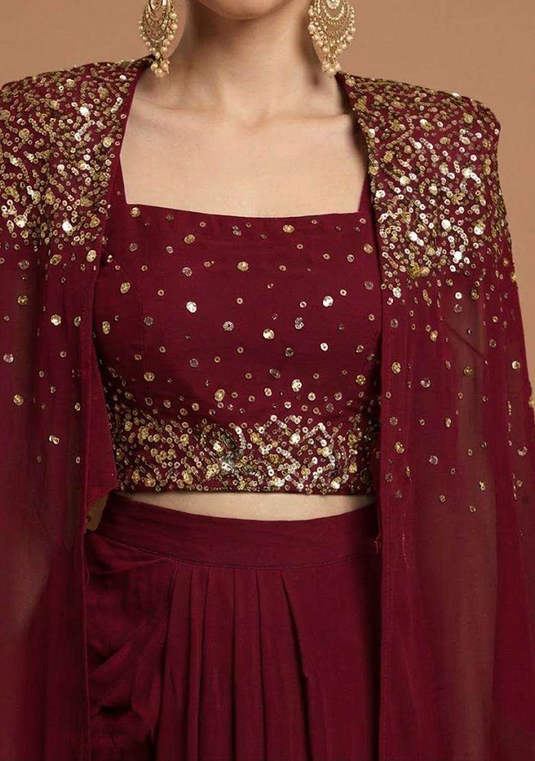 Deep Wine Handwork Silk Blend Fusion Set - Indya