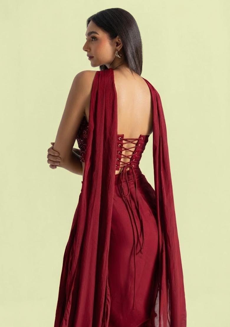 Cherry Red Handwork Satin Fusion Set - Indya