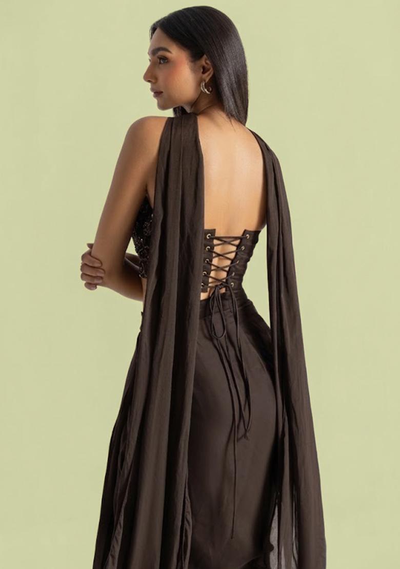 Jet Black Handwork Satin Fusion Set - Indya