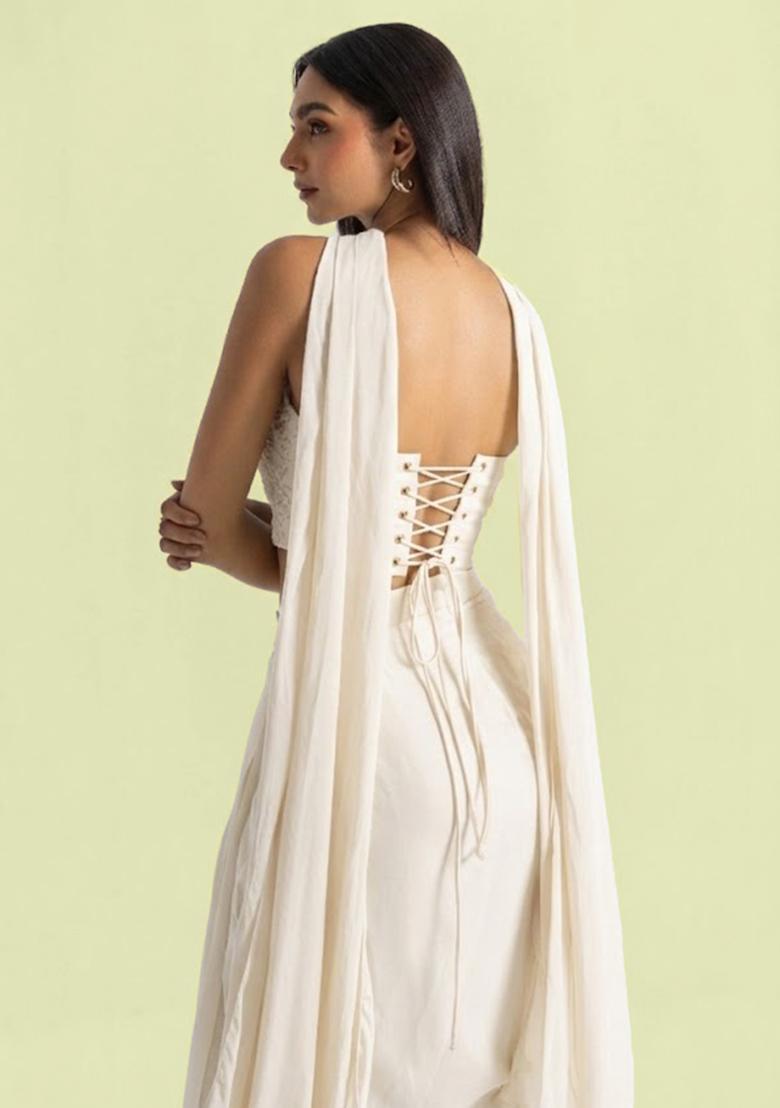 Ivory Handwork Satin Fusion Set - Indya
