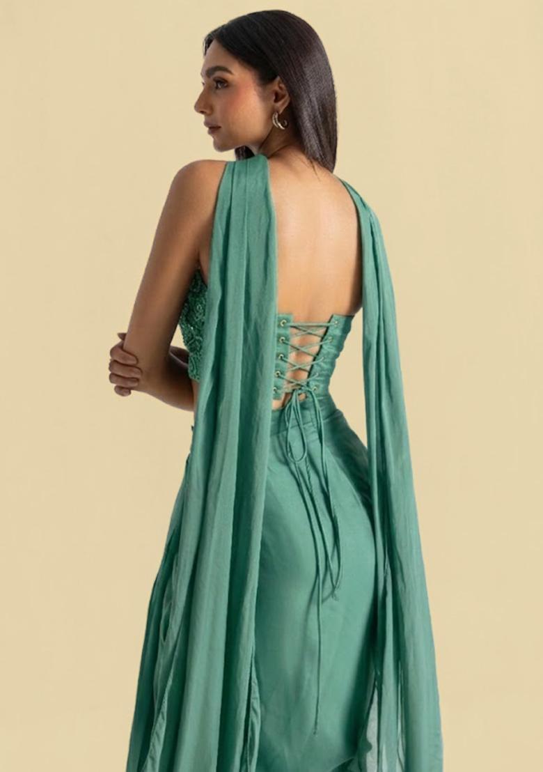 Pastel Green Handwork Satin Fusion Set - Indya
