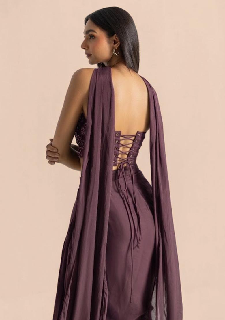 Mauve Handwork Satin Fusion Set - Indya