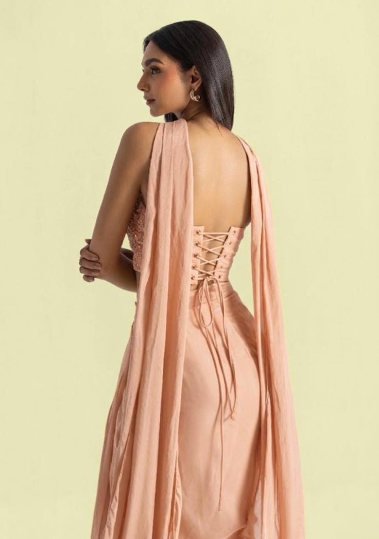 Peach Handwork Satin Fusion Set - Indya