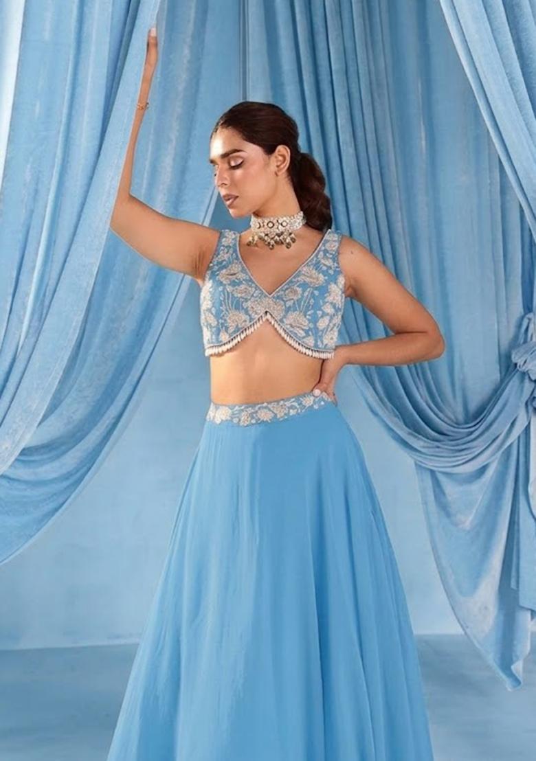 Powder Blue Handwork Goergette Lehenga Set - Indya
