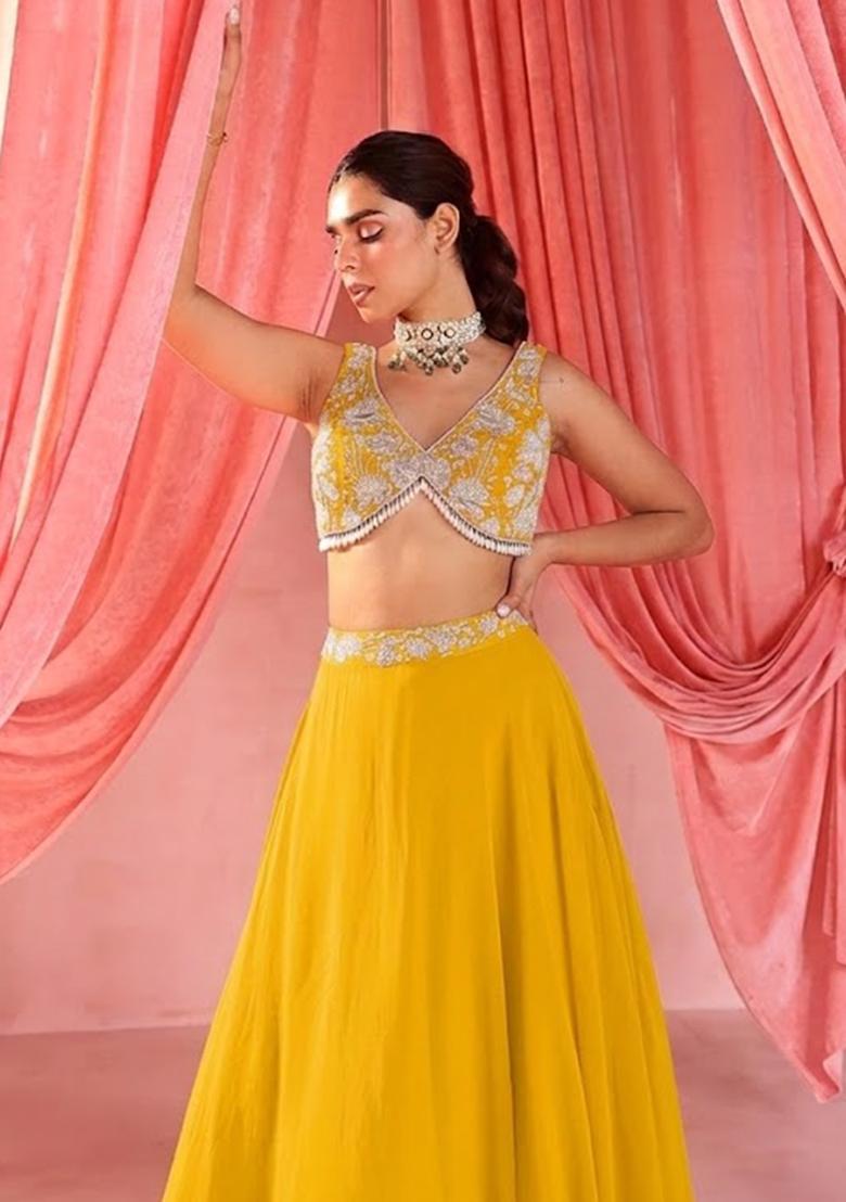 Yellow Handwork Goergette Lehenga Set - Indya
