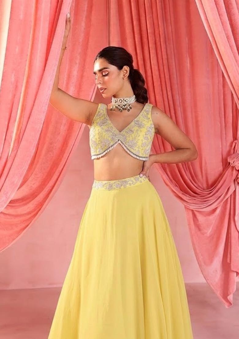 Powder Yellow Handwork Goergette Lehenga Set - Indya