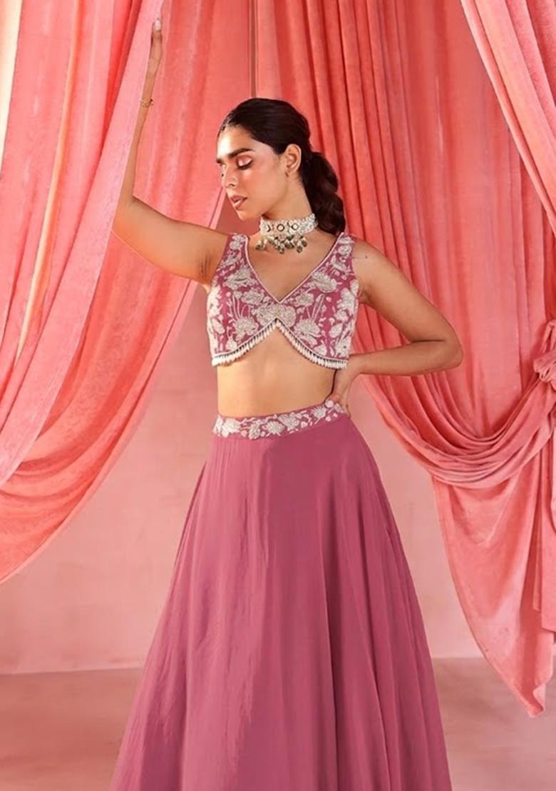 Pink Handwork Goergette Lehenga Set - Indya