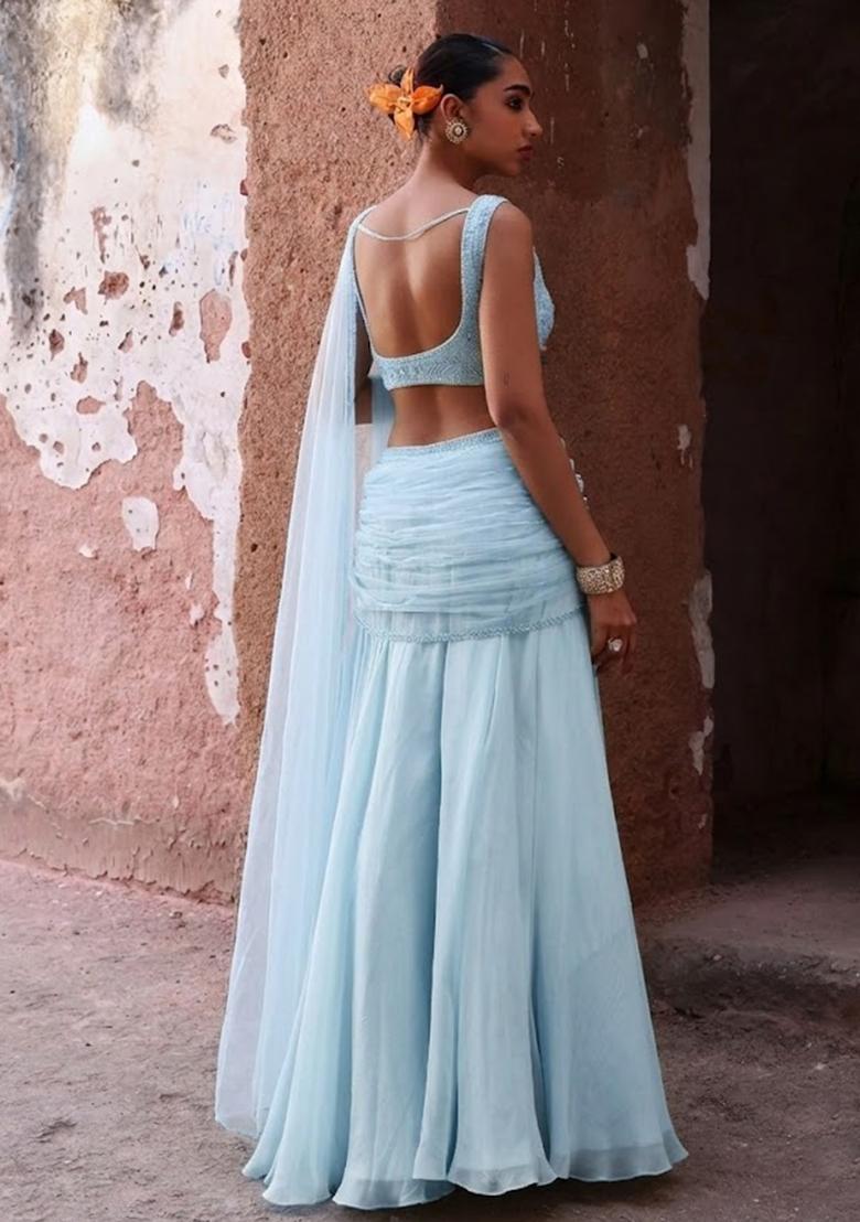 Ice Blue Handwork Organza Fusion Set - Indya