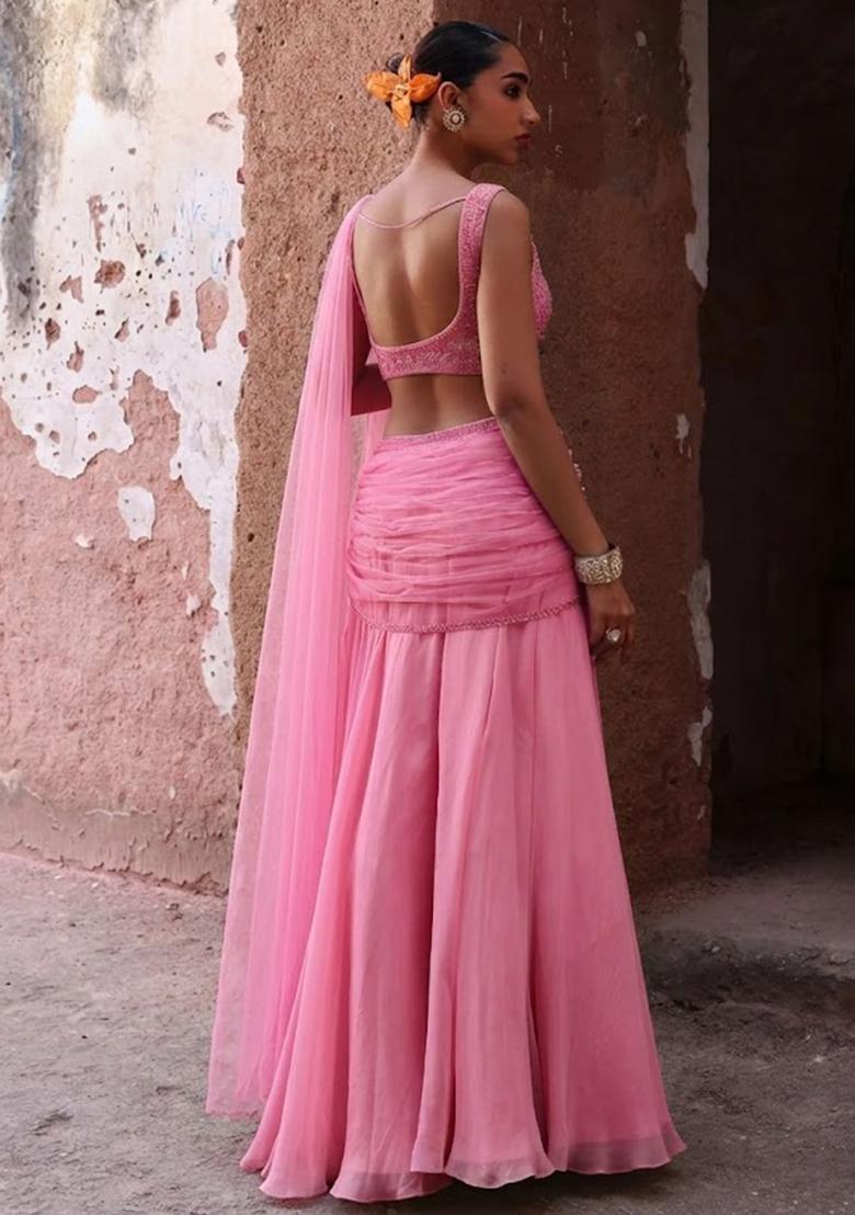 Pink Handwork Organza Fusion Set - Indya