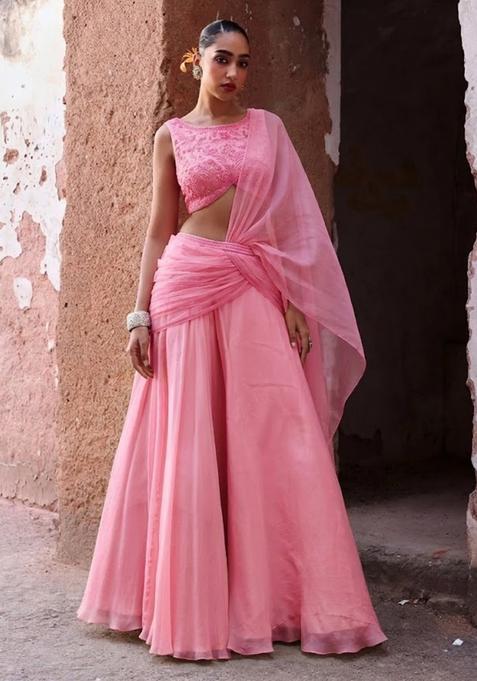 Pink Handwork Organza Fusion Set