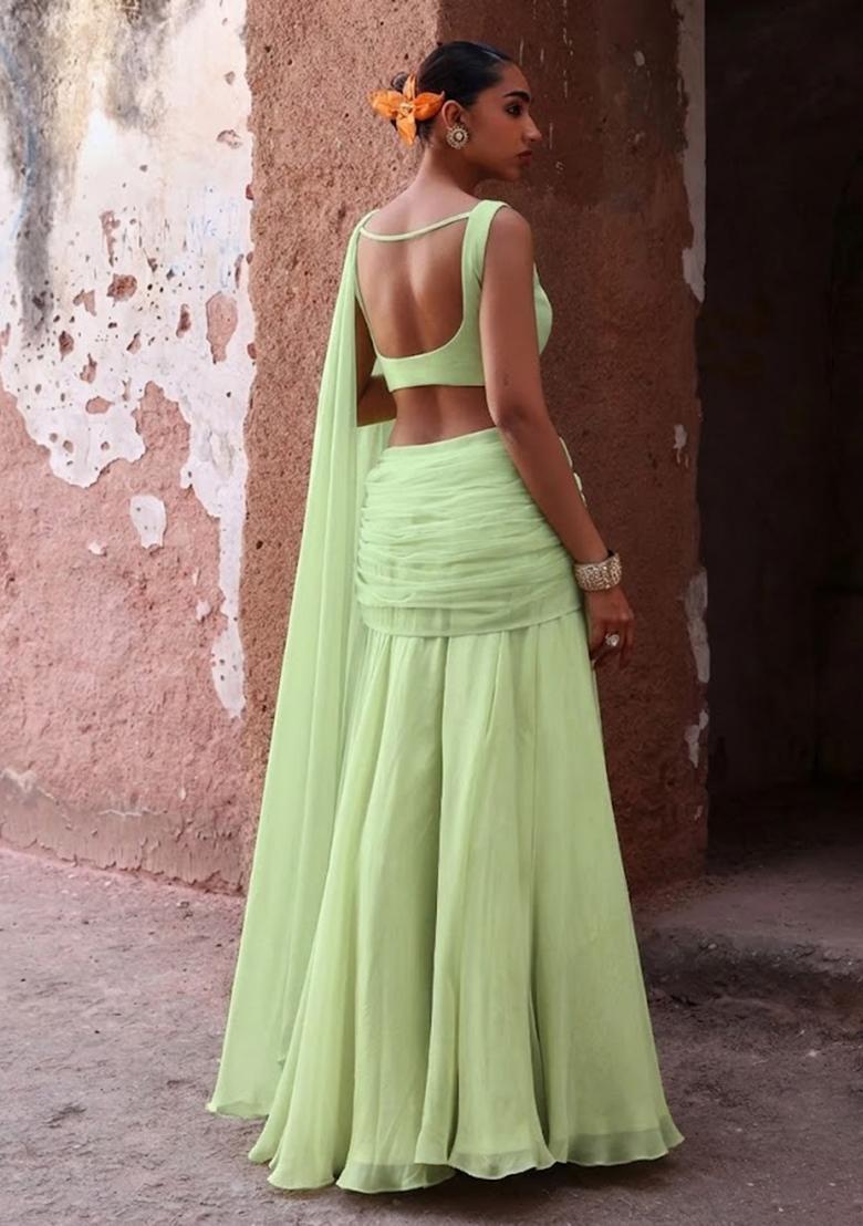 Pista Green Handwork Organza Fusion Set - Indya