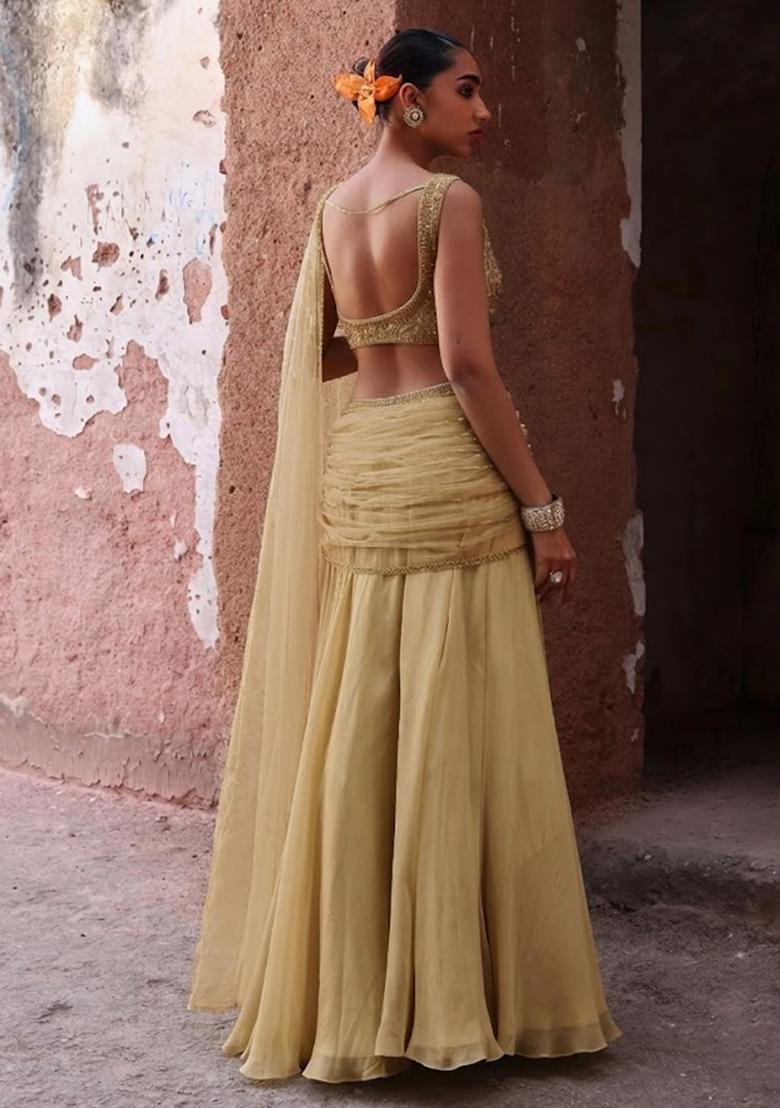Pastel Yellow Handwork Organza Fusion Set - Indya