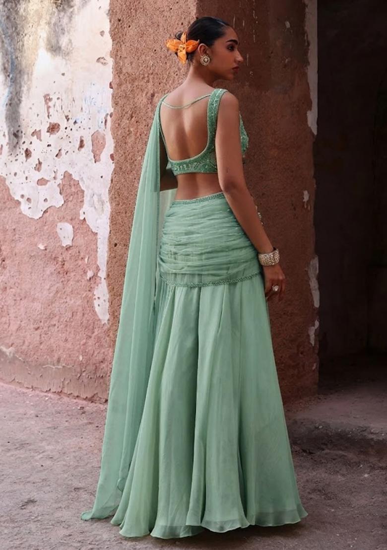 Mint Green Handwork Organza Fusion Set - Indya