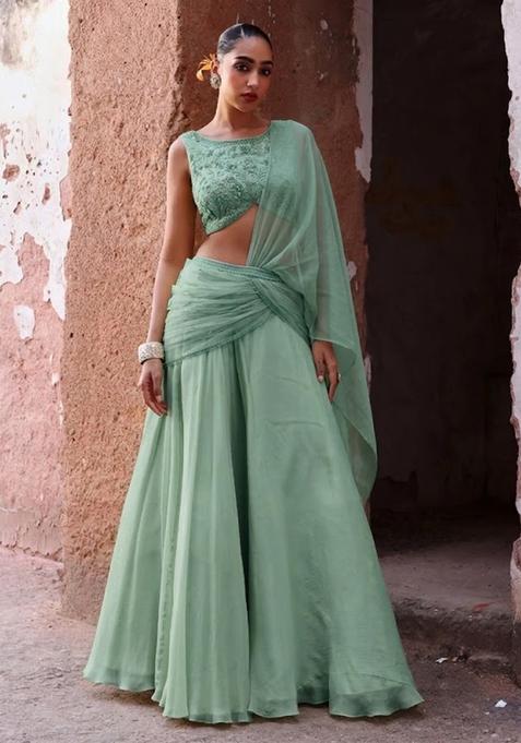 Mint Green Handwork Organza Fusion Set