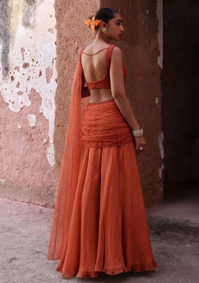 Rust Handwork Organza Fusion Set - Indya