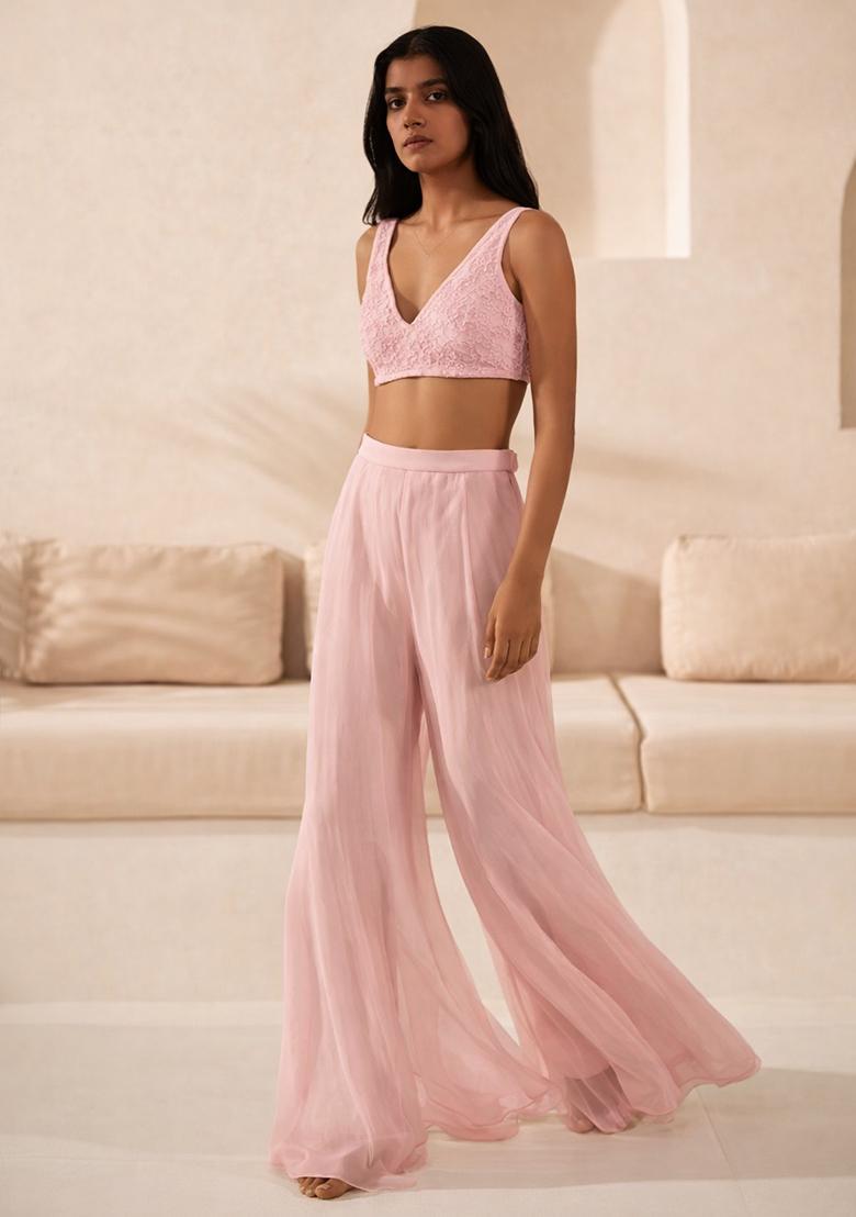 Blush Pink Handwork Organza Fusion Set - Indya